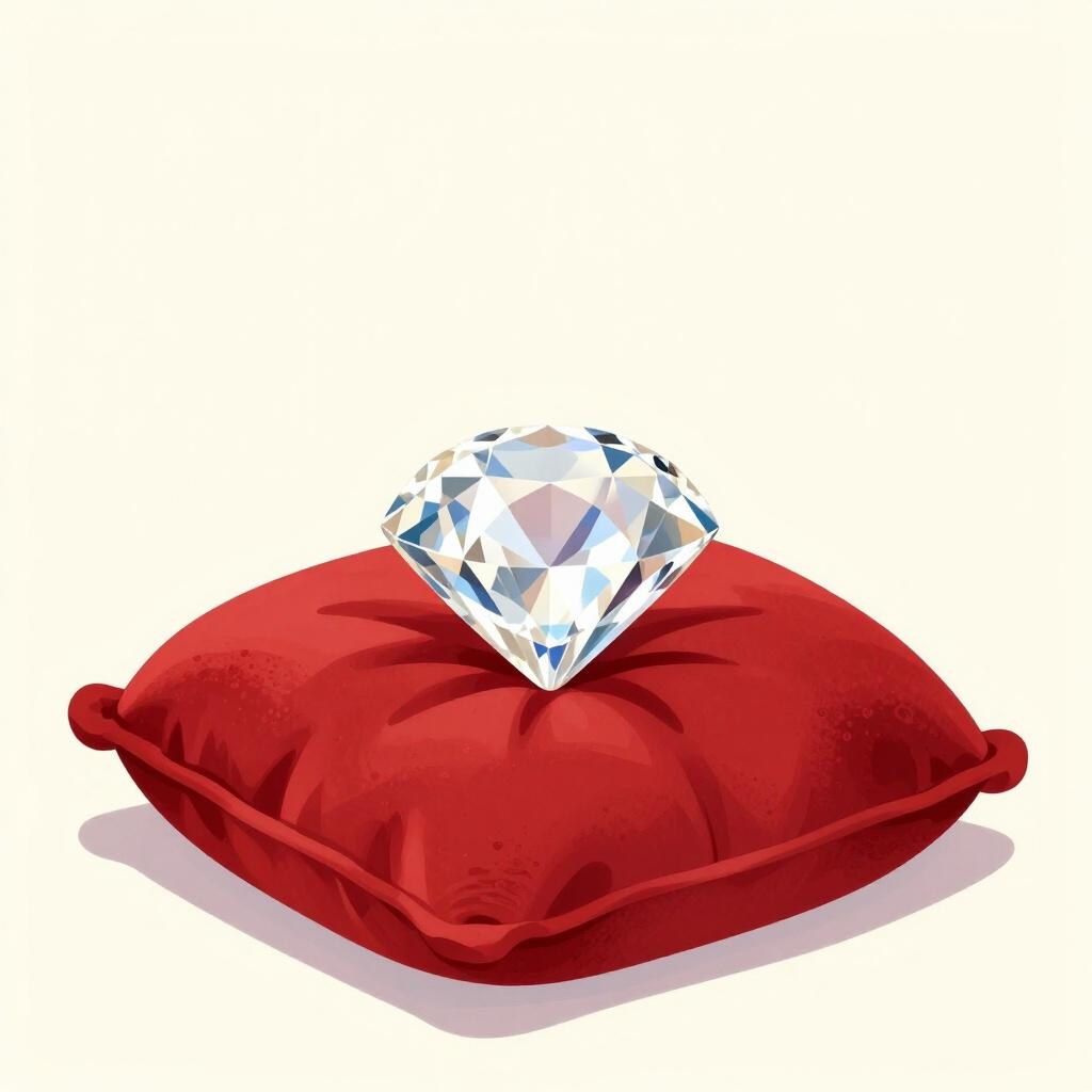 A sparkling, clear diamond resting on a plush red velvet cushion.