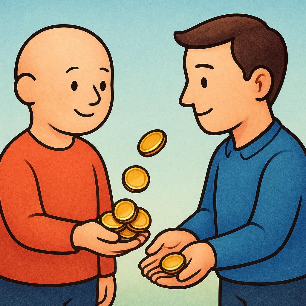 A simple storybook illustration showing one person handing a few gold coins to a male recipient.