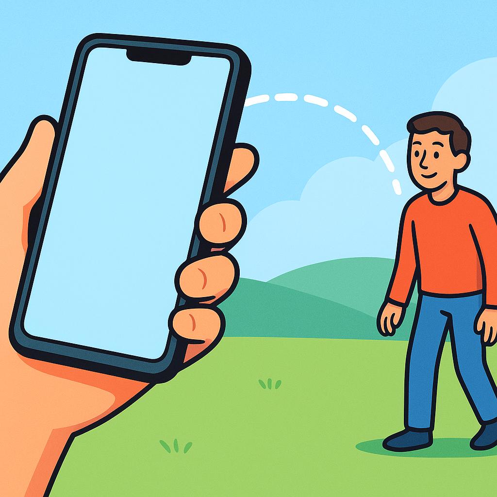 A colorful storybook illustration showing a person holding a modern smartphone up to their ear, actively making a call. The action is directed toward a male recipient.