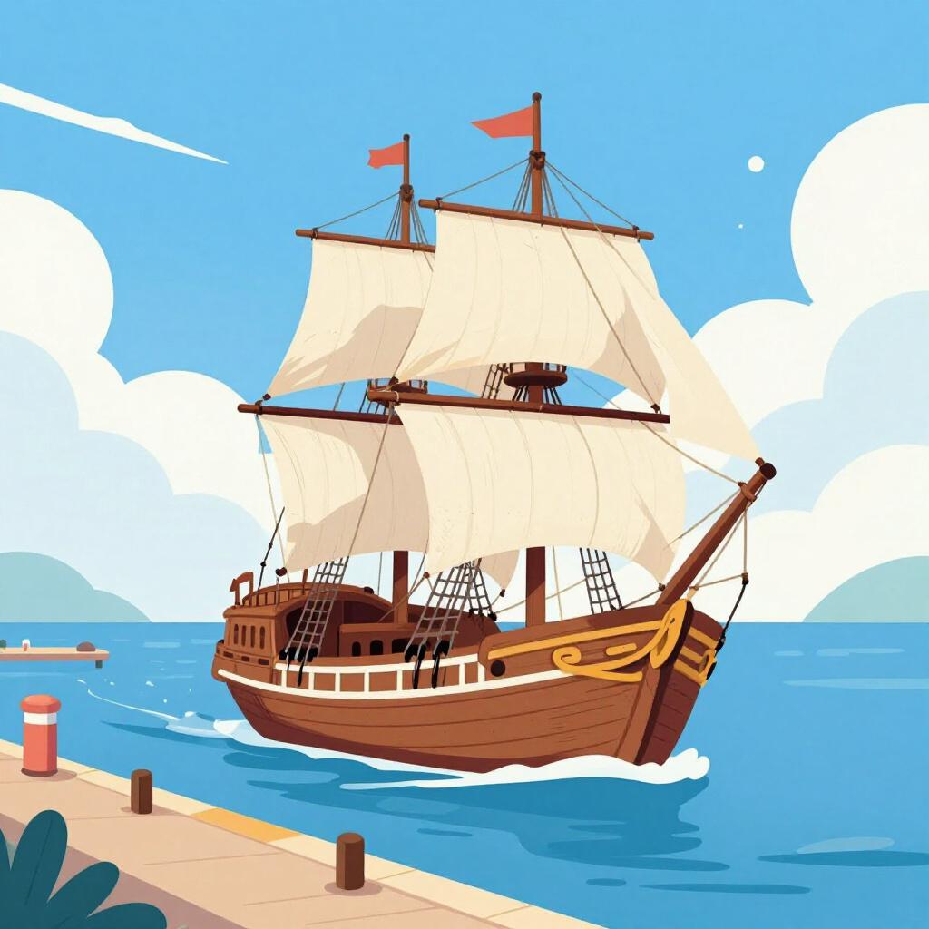 A large wooden sailboat pulling away from a wooden dock onto the blue ocean.