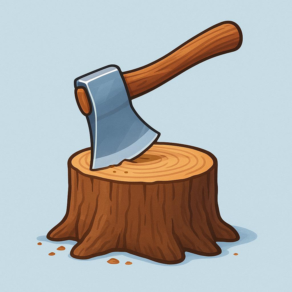 A close-up illustration of a silver axe head embedded in a brown wooden log, illustrating the tool used for chopping.