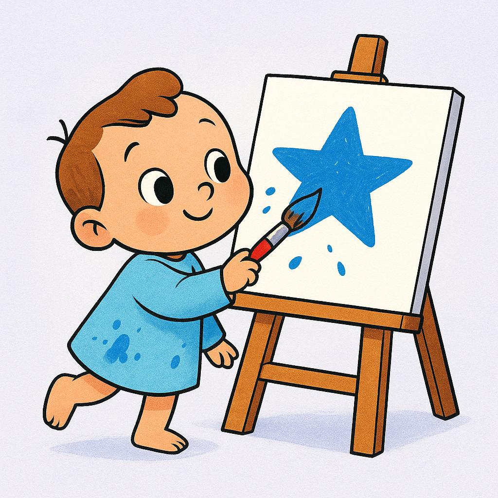 A small cartoon character actively painting a blue star onto a canvas using a red brush, clearly engaged in an action.