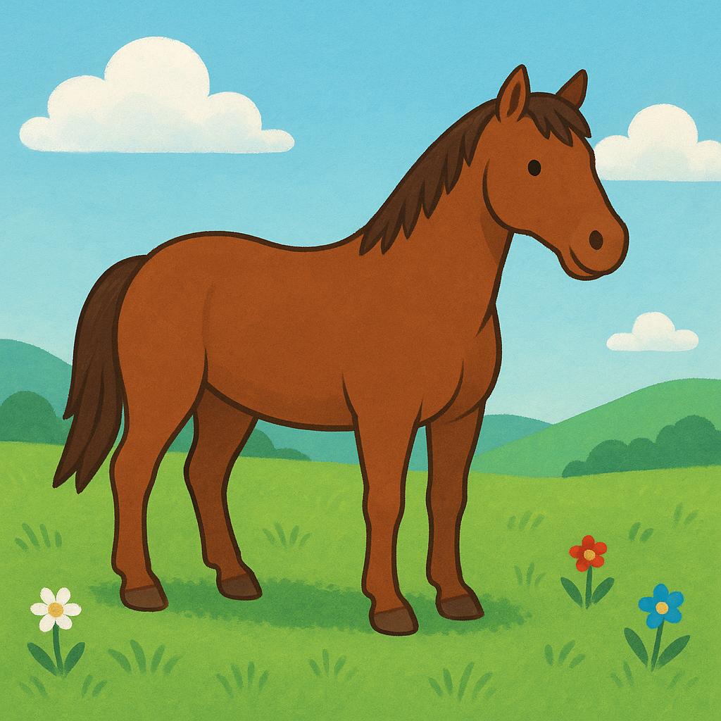 A friendly, sturdy brown horse standing in a bright green meadow under a blue sky.
