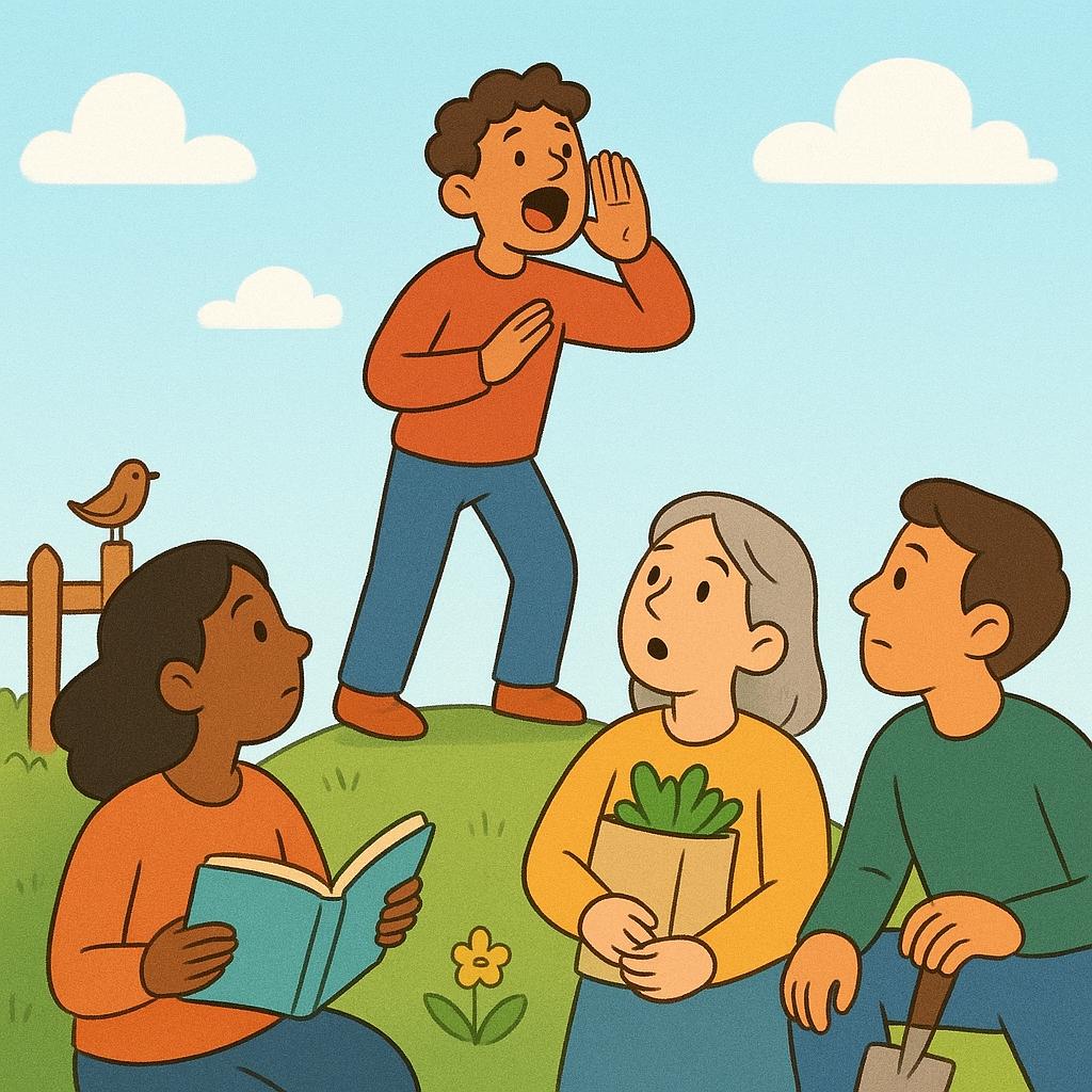 A storybook illustration showing one figure standing on a small mound, cupping their hands around their mouth and shouting loudly to demand attention. Three other figures in the distance are stopping their activities and turning their heads toward the shouter.