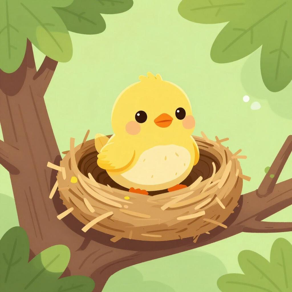 A small, fluffy baby bird sitting comfortably in a round straw nest nestled among green leaves on a tree branch.