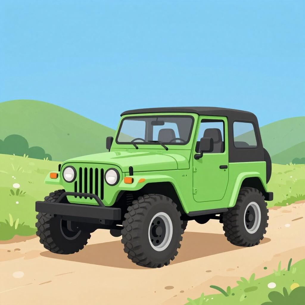 A bright green off-road jeep with large tires parked on a simple dirt path.