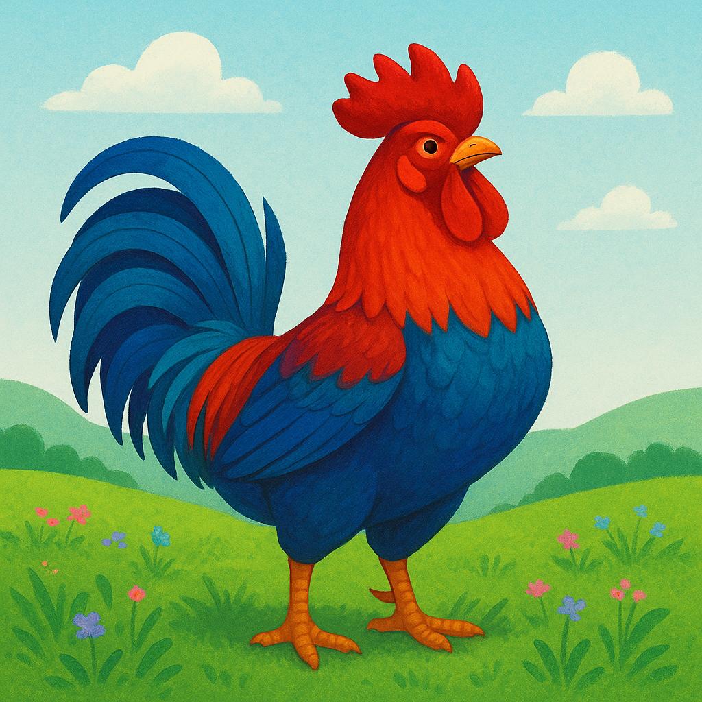 A proud, colorful rooster standing prominently in a green field.