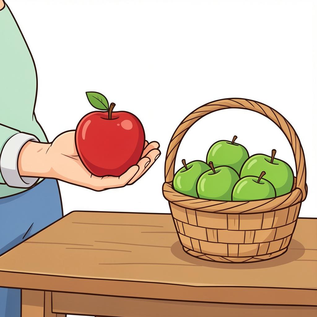 A person holding a bright red apple while standing next to a basket of green apples.