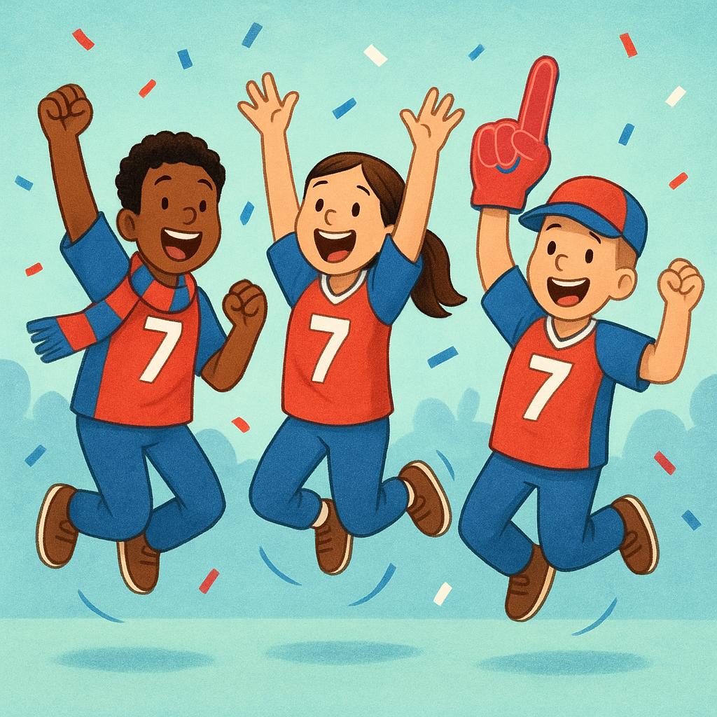A high quality simple colorful storybook illustration showing three enthusiastic figures (fans) wearing matching red and blue team jerseys, jumping and cheering loudly.