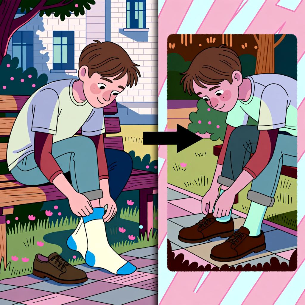 A visual sequence showing a person first putting on socks, and then putting on shoes, to illustrate the concept of 'afterwards' or 'next'.