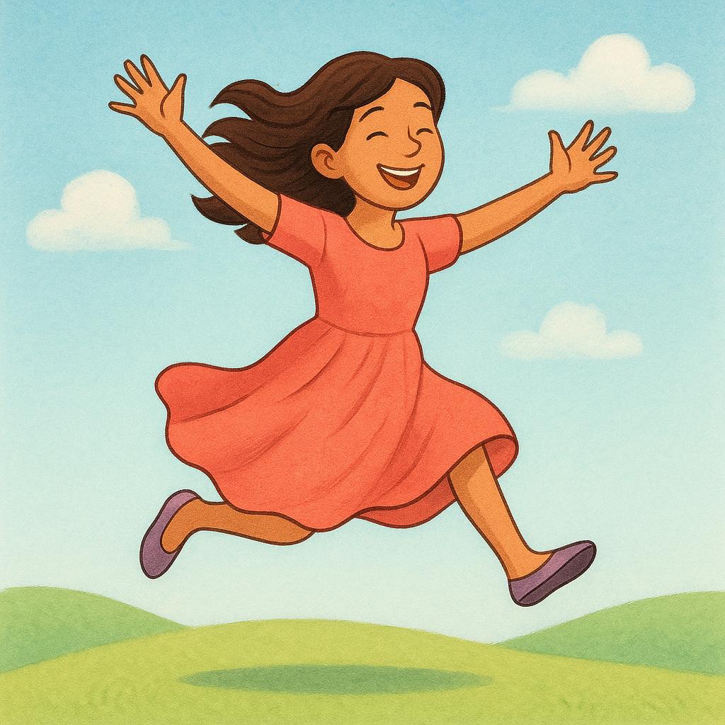 A woman is mid-air, jumping enthusiastically with a wide smile and arms raised, clearly expressing excitement and happiness.