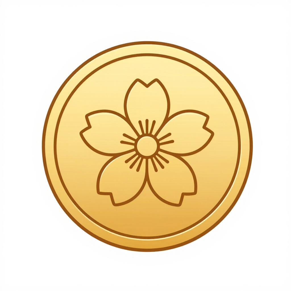 A shiny gold coin featuring a cherry blossom design and a simple hole in the center.