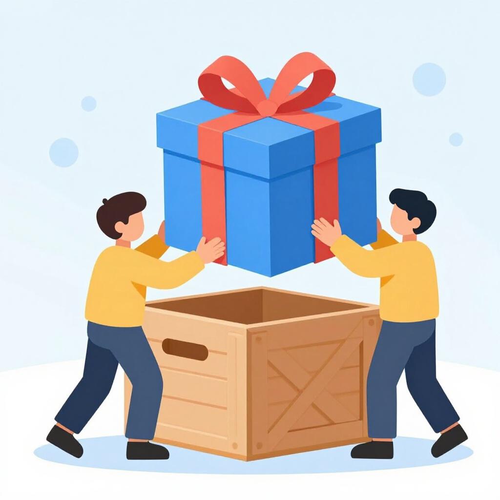 Two people pulling a large, bright blue present out of a wooden crate.