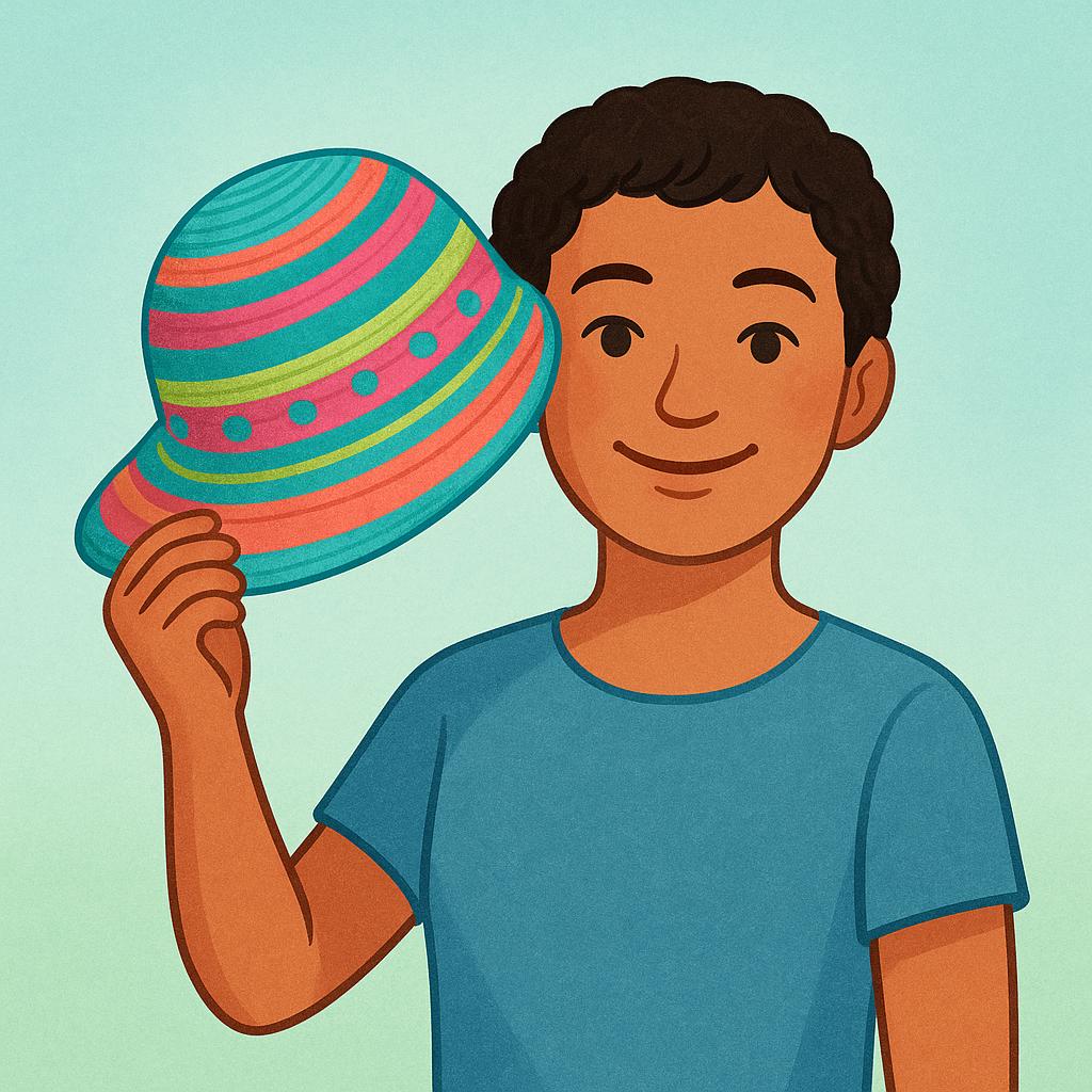 A happy person smiling while holding a colorful, stylish hat next to their head, judging how well it suits them.