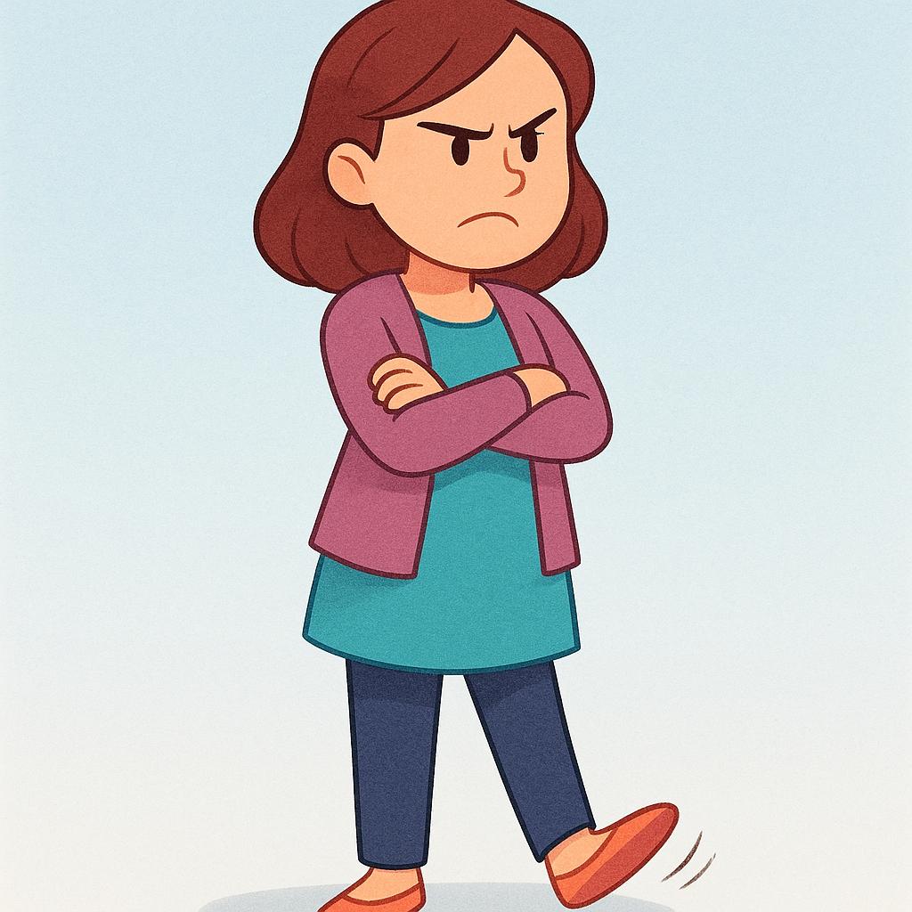 A cartoon woman with a frustrated expression, standing with her arms crossed and tapping her foot impatiently.
