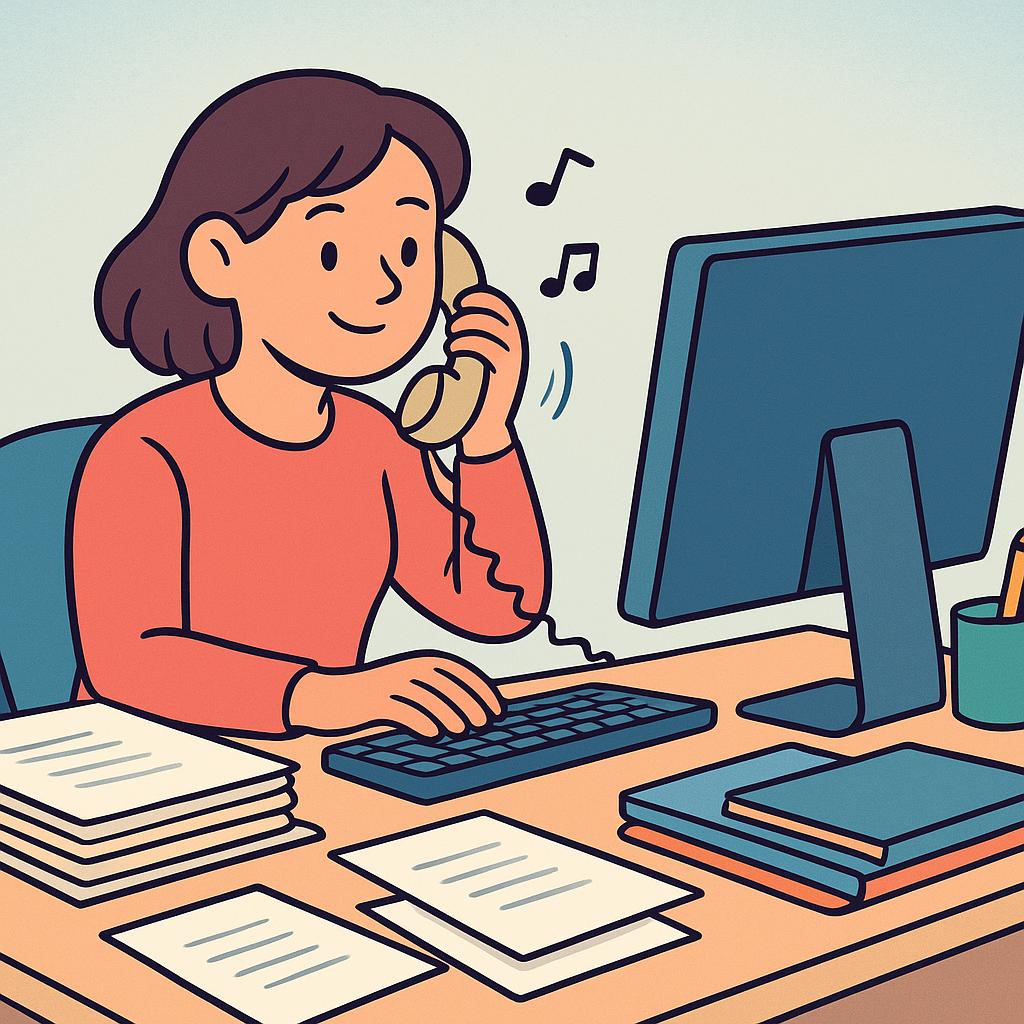 A colorful illustration of a woman looking overwhelmed at a desk piled high with tasks, simultaneously holding a phone and typing on a laptop, indicating a busy schedule.