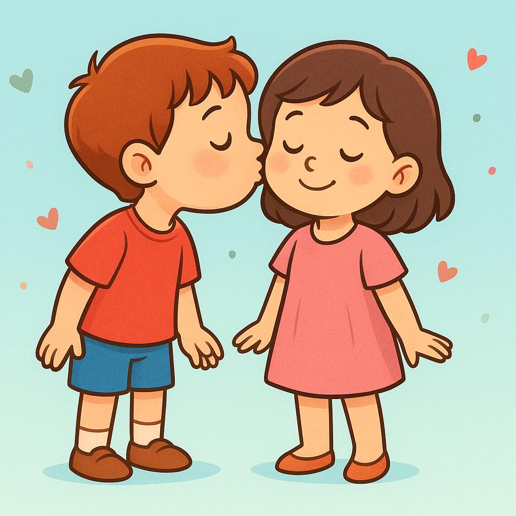 A colorful storybook illustration showing two small children, a boy and a girl, giving each other a quick, affectionate kiss on the cheek.