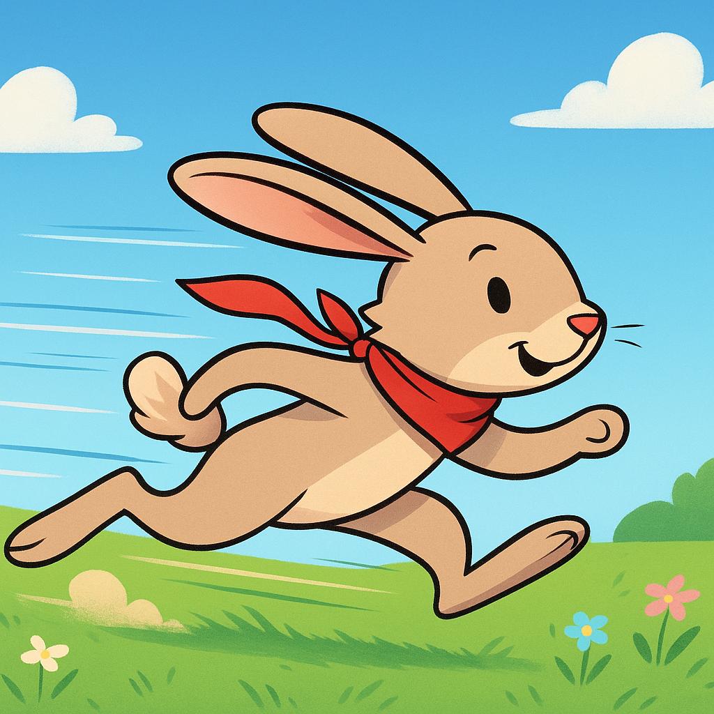 A cartoon rabbit is running extremely quickly across a green field, indicated by blur lines behind it.