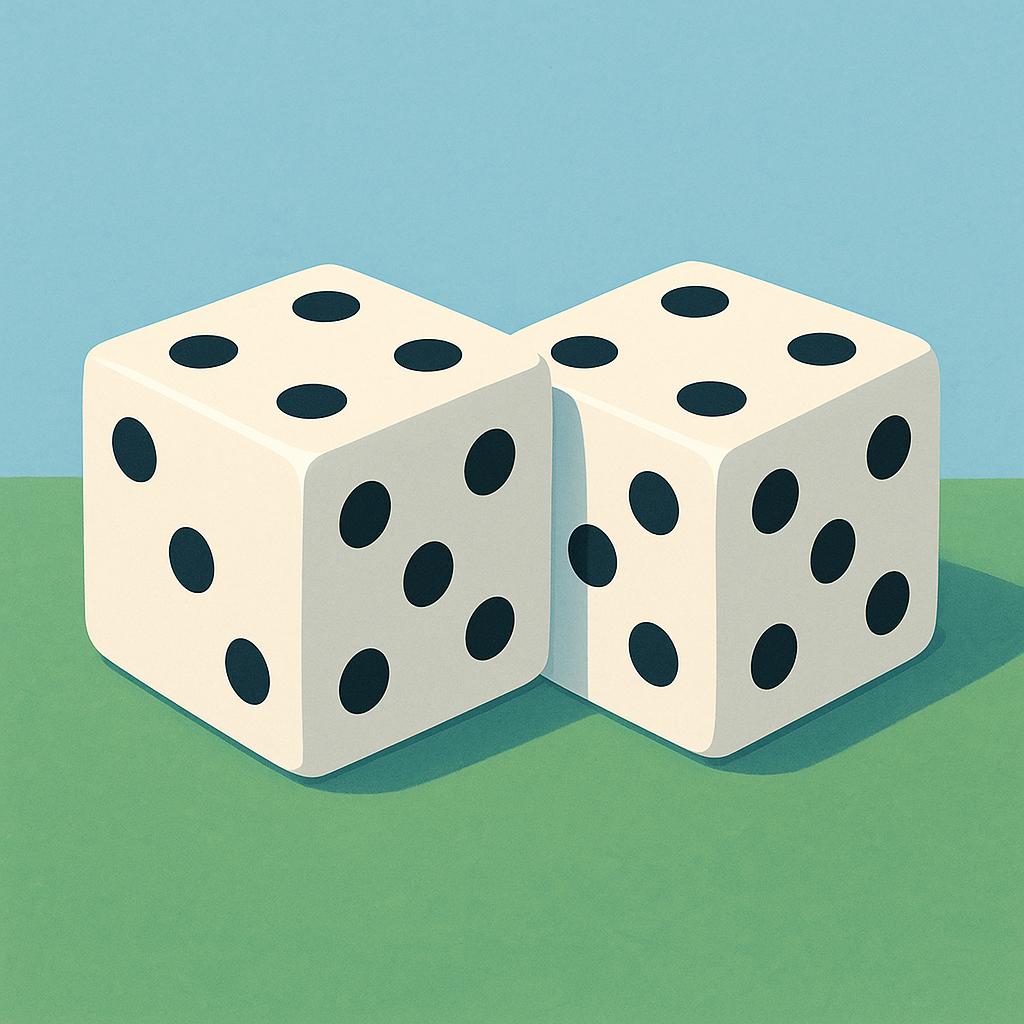 A close-up illustration of two standard six-sided dice showing black pips, resting on a flat surface.