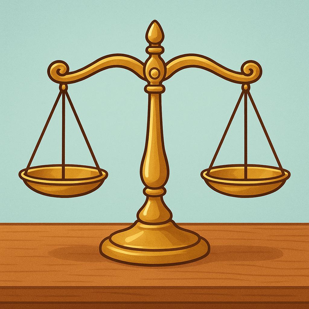 A perfectly balanced golden scale resting on a surface, symbolizing impartiality and fairness.