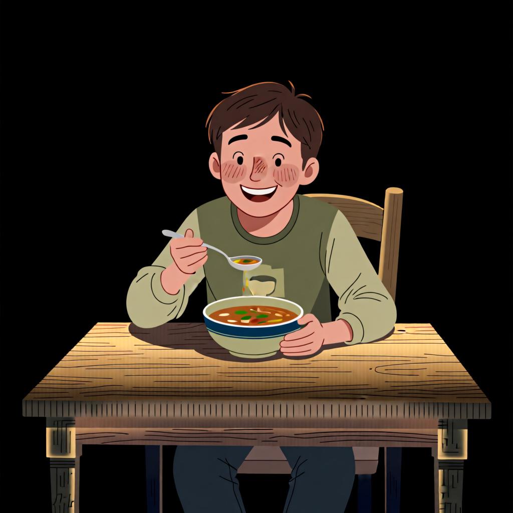 A person happily eating a bowl of food, representing the action of 'I eat'.