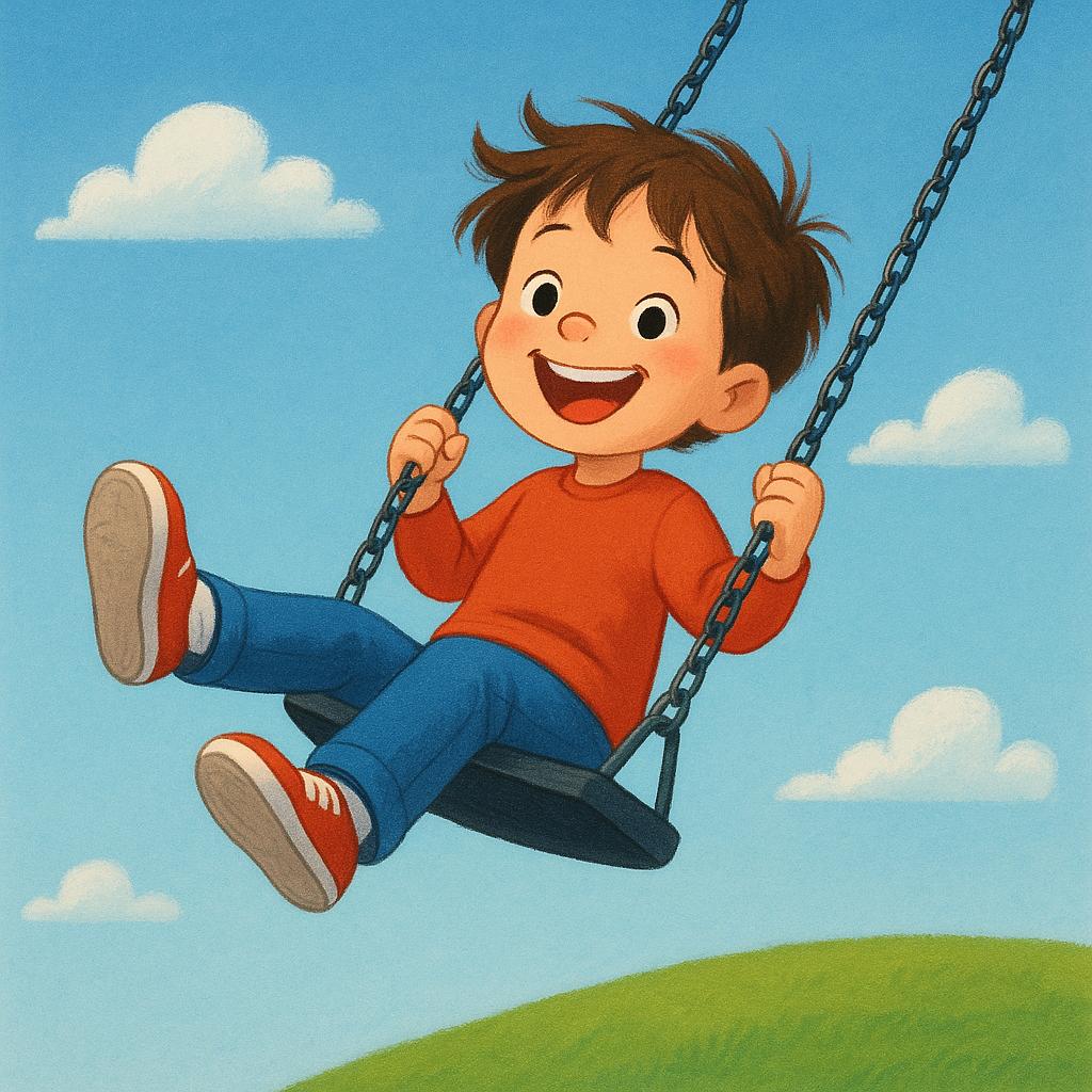 A colorful storybook illustration showing a happy child swinging high on a playground swing set, demonstrating enjoyment.