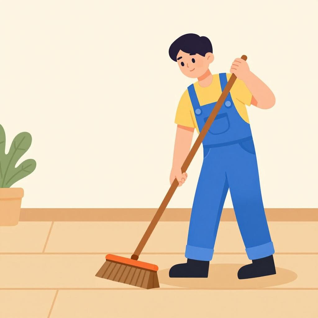 A person in overalls holding a large wooden broom and sweeping a clean floor.