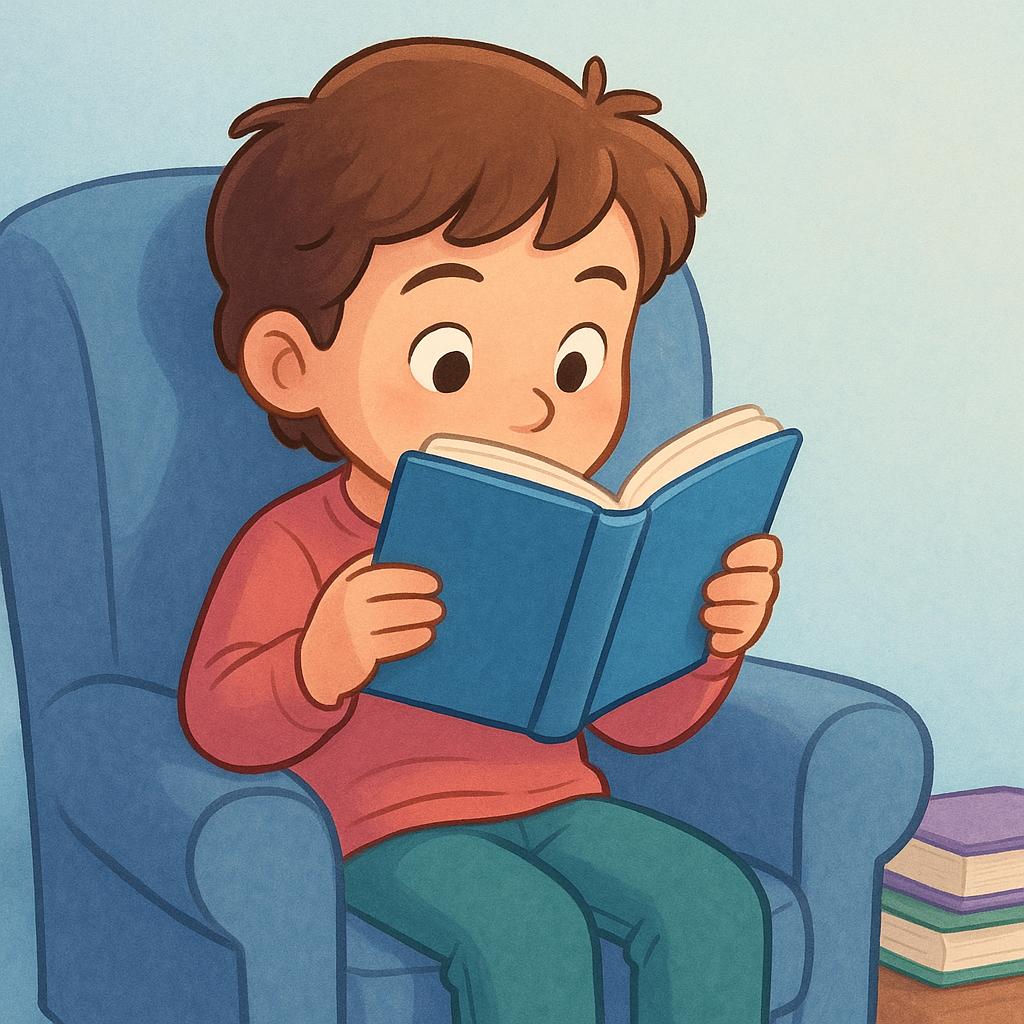 A high quality storybook illustration of a young person sitting comfortably and deeply absorbed in reading an open book.
