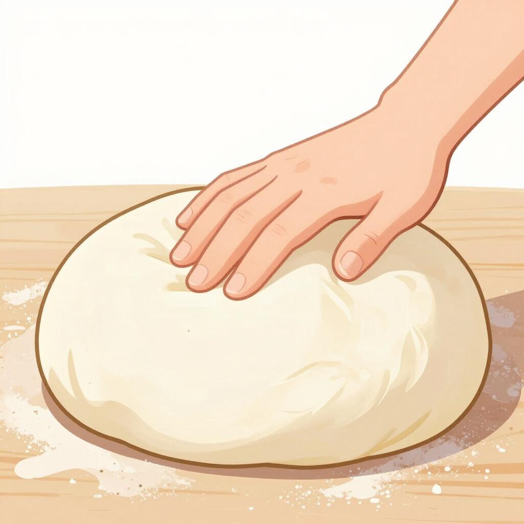 Eine Hand drückt in einen weichen, fluffigen Teigklumpen auf einem Holztisch.