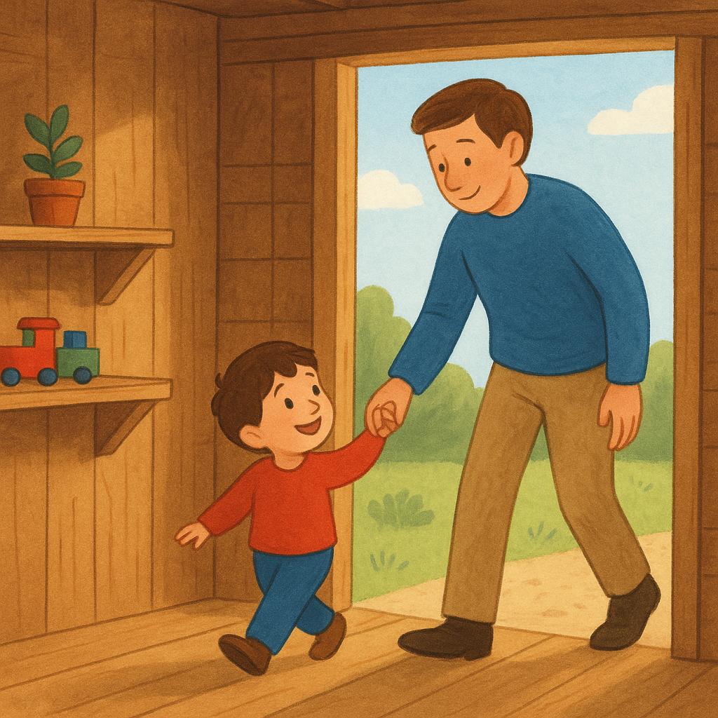 A person holding the hand of another person and gently leading them out of a brightly colored, distinct room or building entrance.