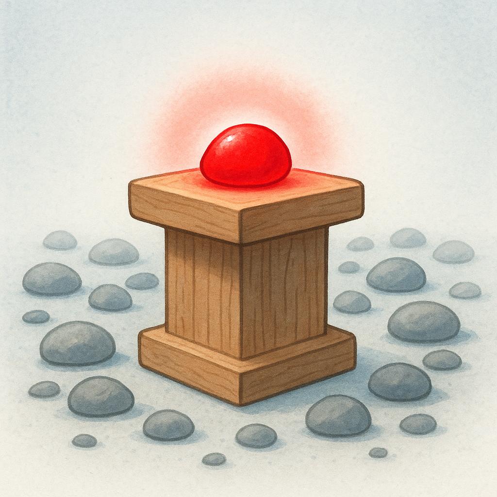 A single, small, bright red glowing pebble resting prominently on a simple wooden pedestal, surrounded by many dull gray pebbles on the ground, symbolizing significance.