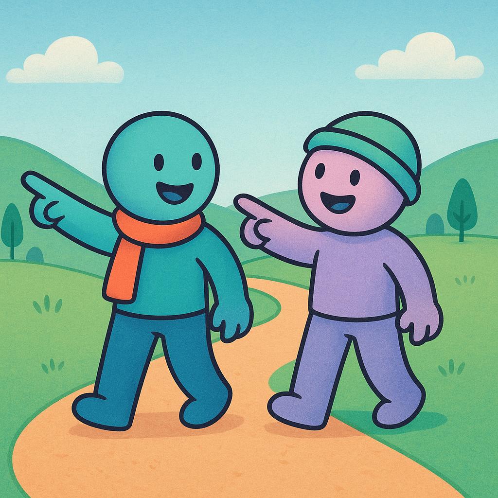 Two friendly figures pointing at a wide-open path ahead of them, suggesting they are planning or proposing a course of action together.