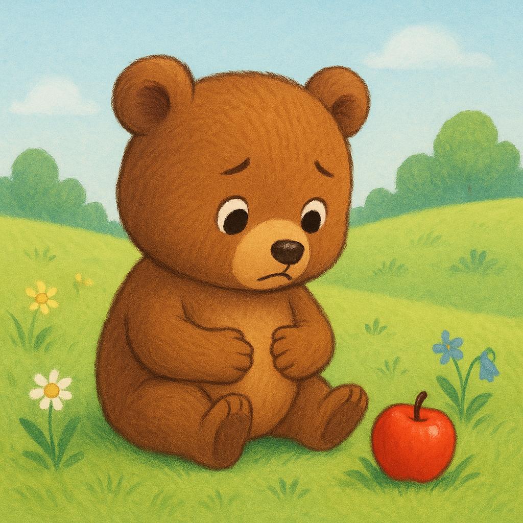 A sad brown bear cub sitting in a meadow, holding its stomach and looking hungry, with a red apple just out of reach.