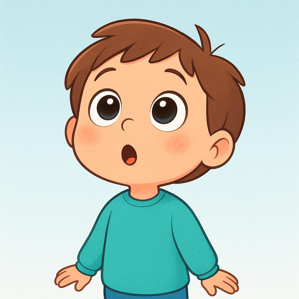 A small, cheerful person depicted in a storybook style, raising their eyebrows and widening their eyes dramatically, with a slightly open mouth, showing an expression of total astonishment or awe.