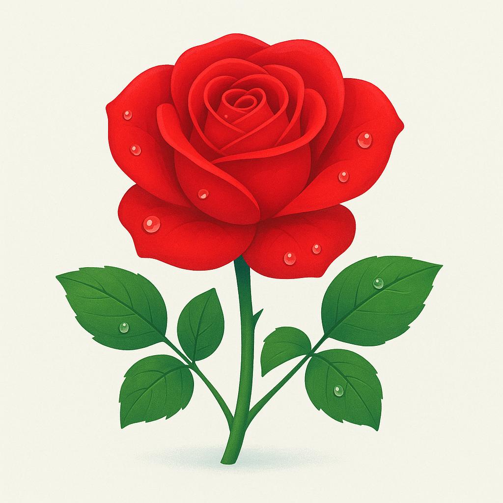 A close-up illustration of a perfectly formed, vibrant red rose with dew drops on its petals.