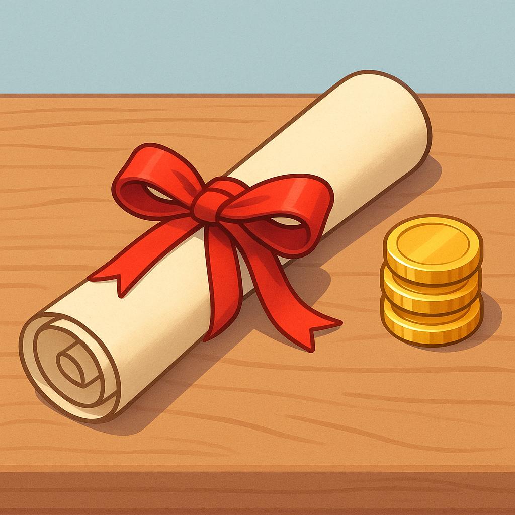 A scroll tied with a red ribbon lying on a wooden desk next to a small, neat stack of gold coins, symbolizing an invoice.