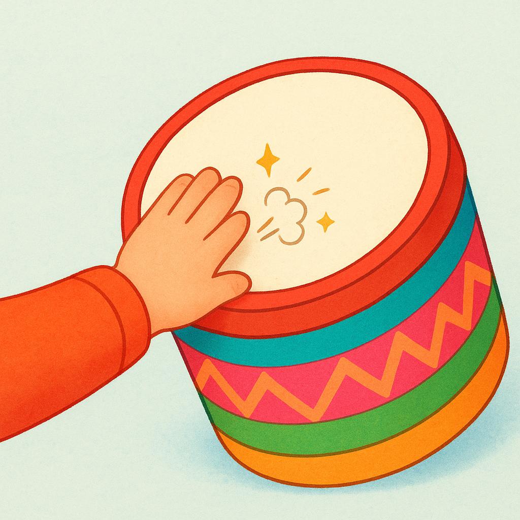 A close-up of a child's hand striking a red drum, showing a moment of physical impact.