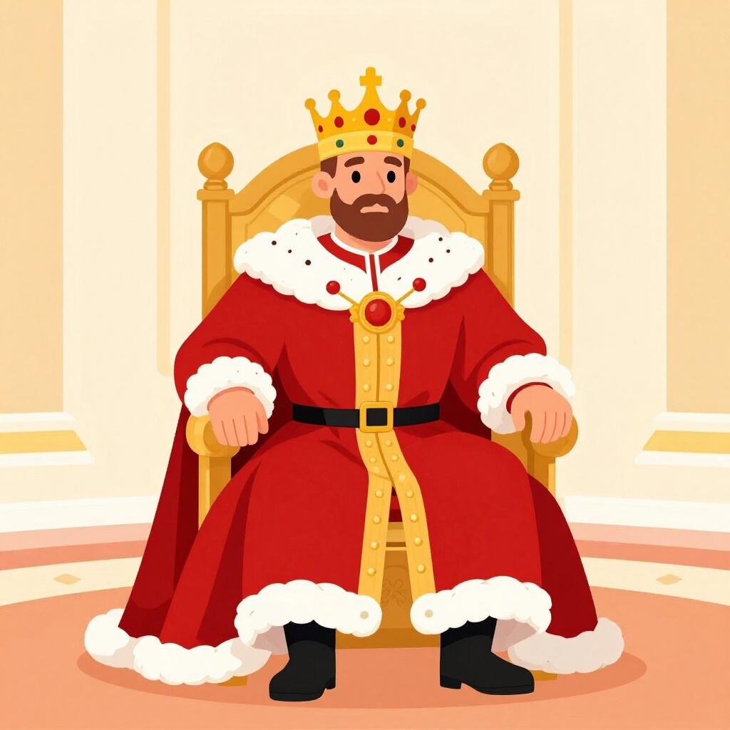 A historical Russian ruler wearing a golden crown and a red velvet robe with fur trim, sitting on a majestic throne.