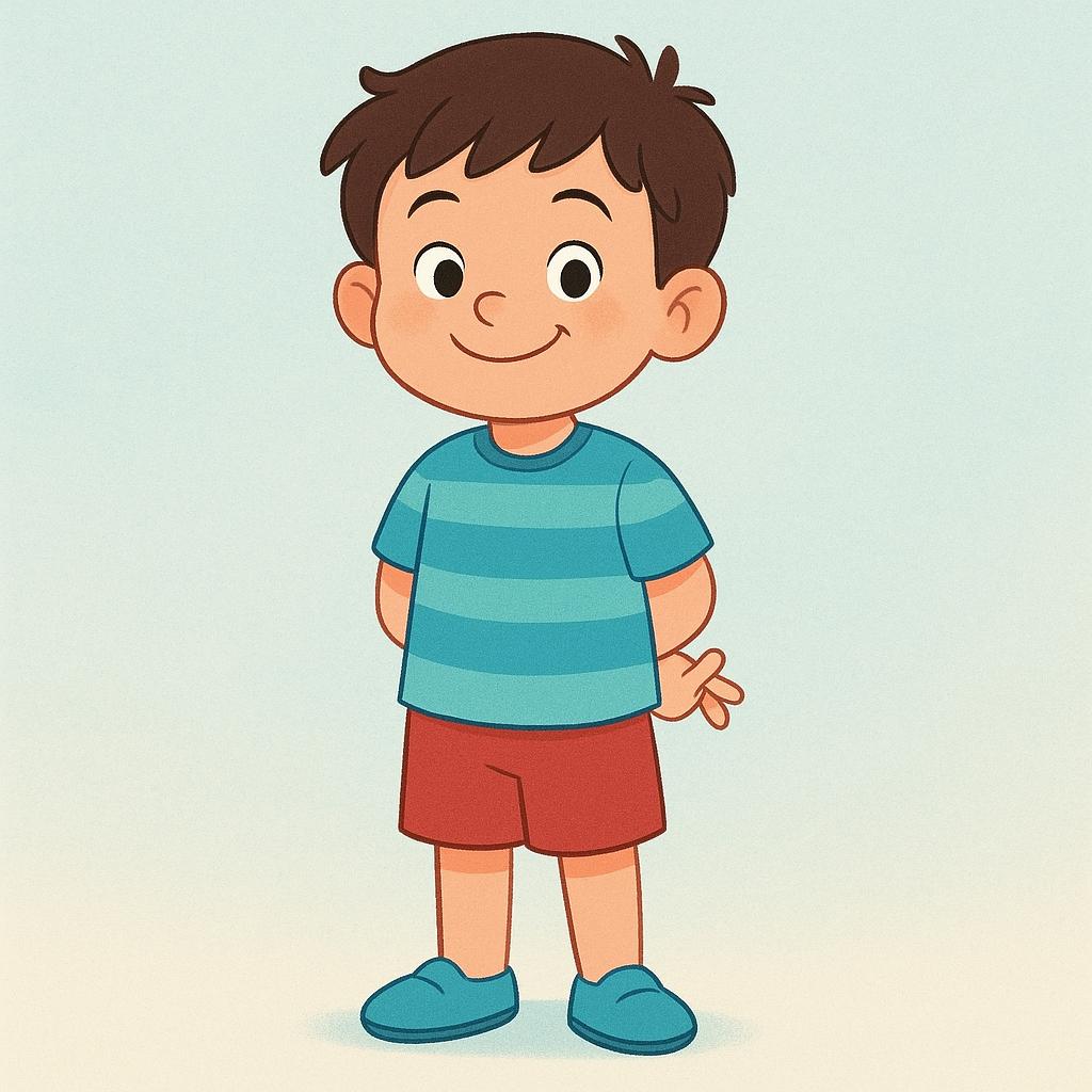 A high quality simple colorful storybook illustration of a young child smiling innocently while standing. The child is holding their hands behind their back, with the fingers of one hand secretly crossed, indicating they are telling a falsehood.