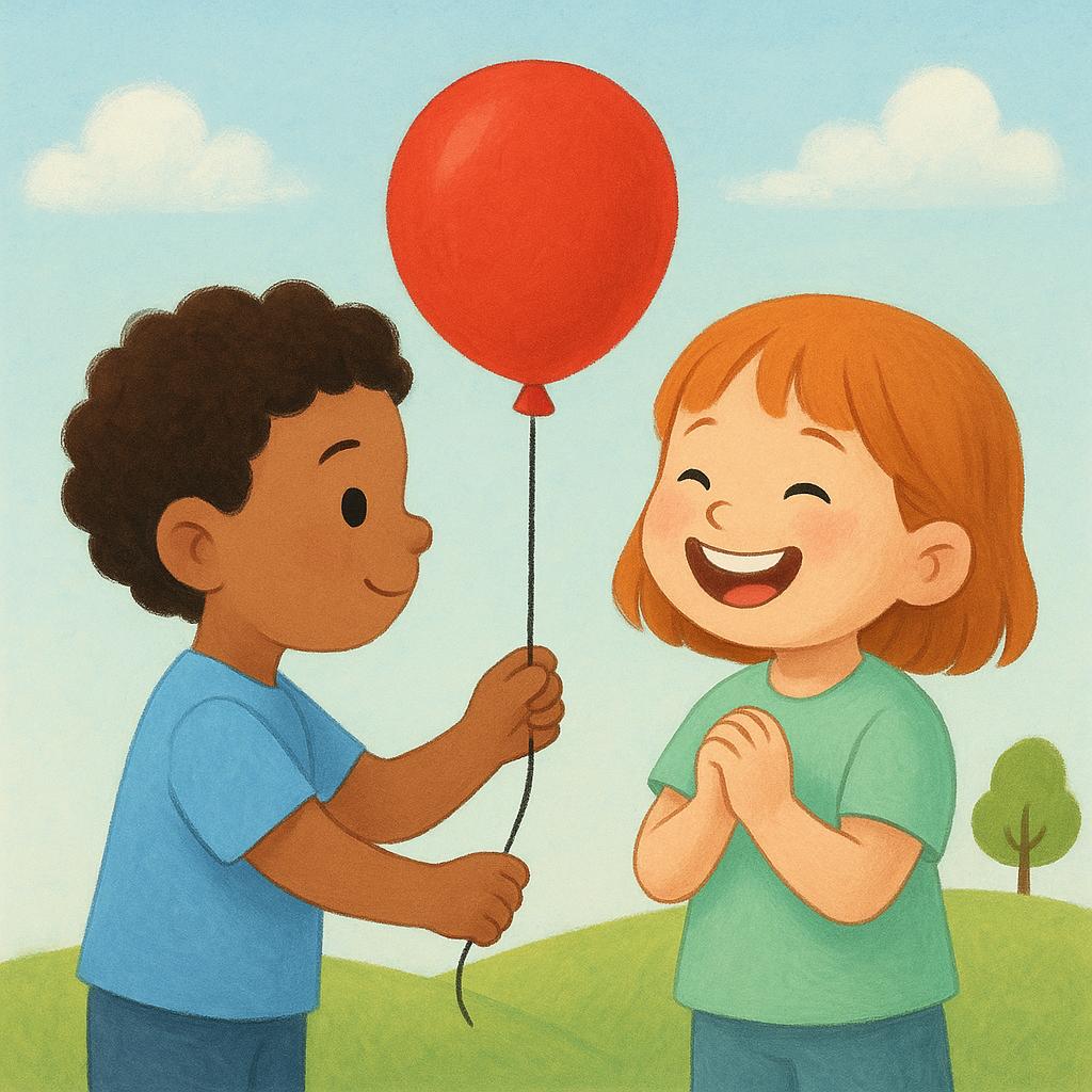 A small child hands a bright red balloon to another child, who immediately smiles widely with joy and surprise.
