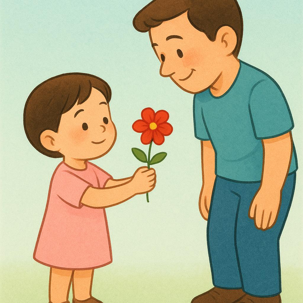 A small child standing politely next to an adult, holding out a single flower as a formal request.