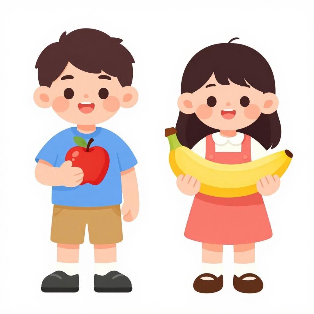 Two children, a boy and a girl, holding a red apple and a yellow banana in the same order they are standing.