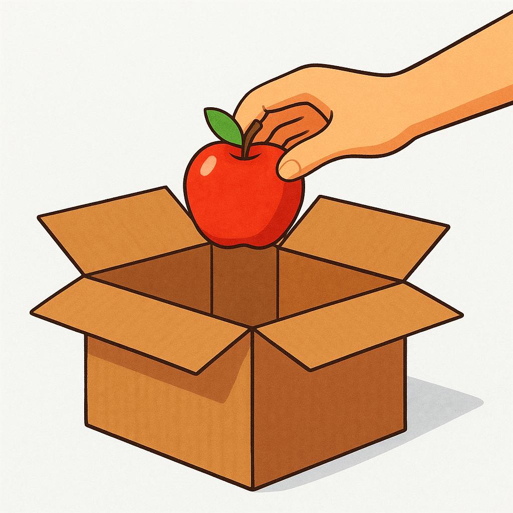 A cartoon hand reaches into a brown cardboard box and pulls out a bright red apple, illustrating physical removal.