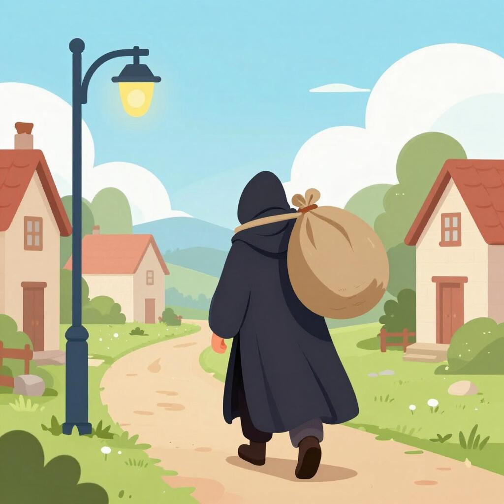 A shadowy figure quickly walking away while carrying a large, heavy sack over their shoulder in a dark alleyway.