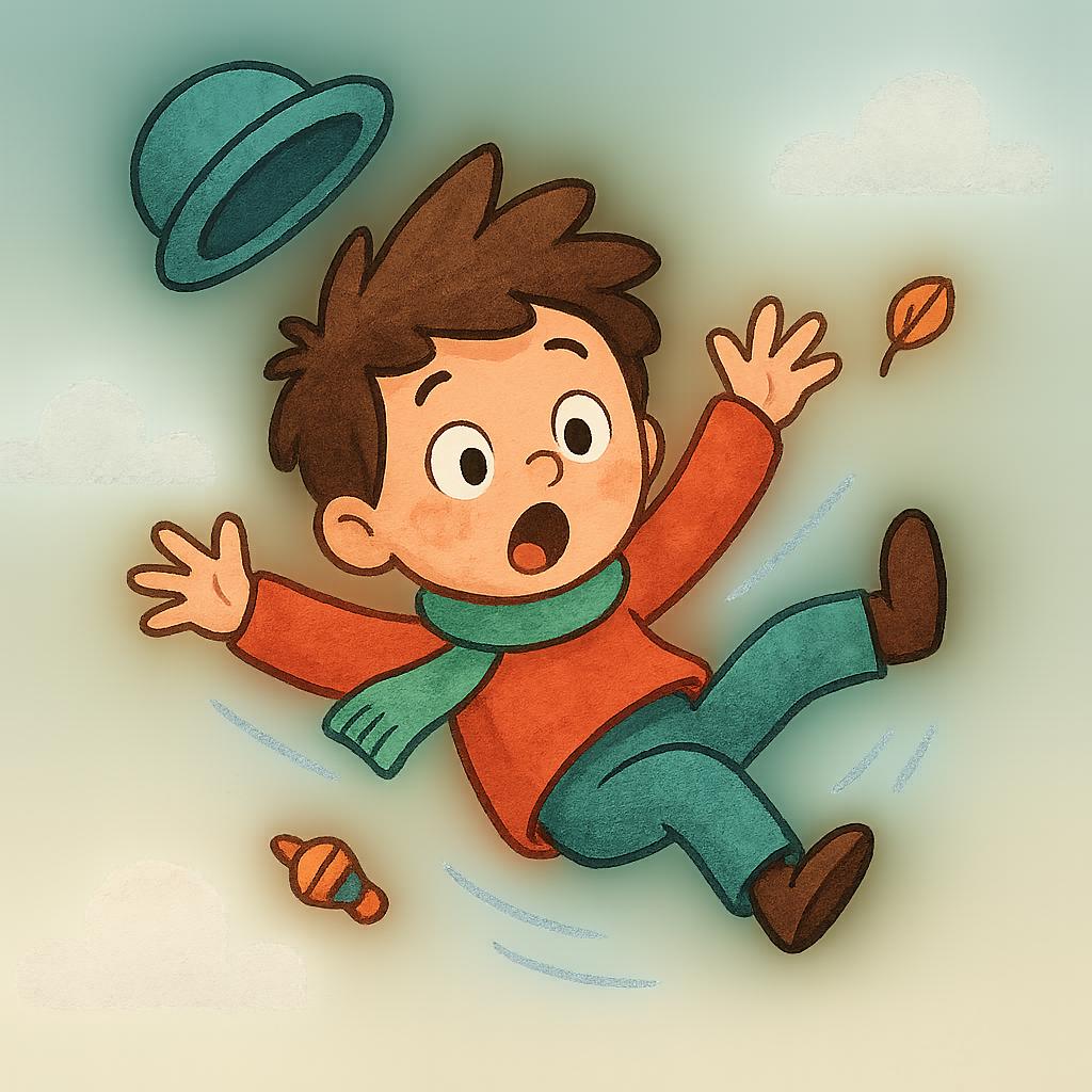 A stylized illustration of a person falling through the air with their arms flailing, looking surprised.