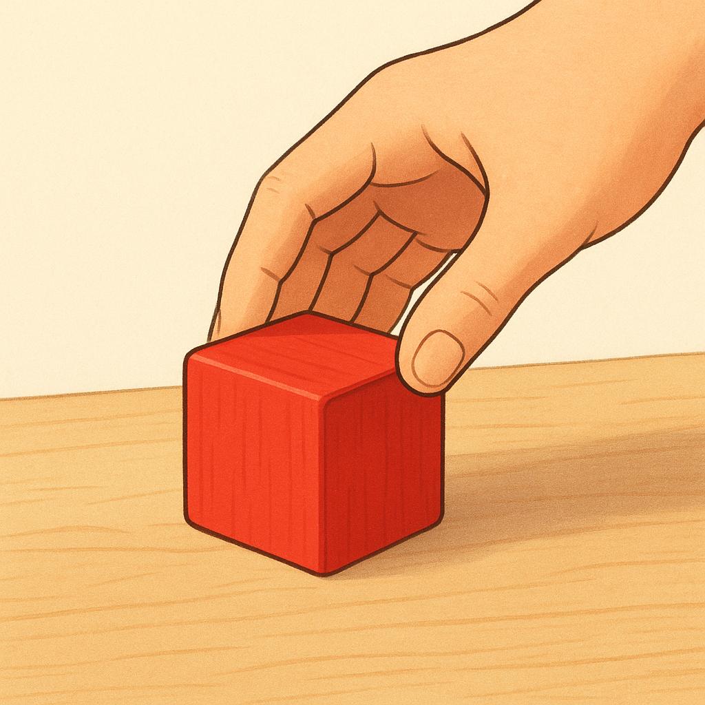 A close-up of a hand placing a bright red wooden block onto a clean wooden table, demonstrating physical placement.