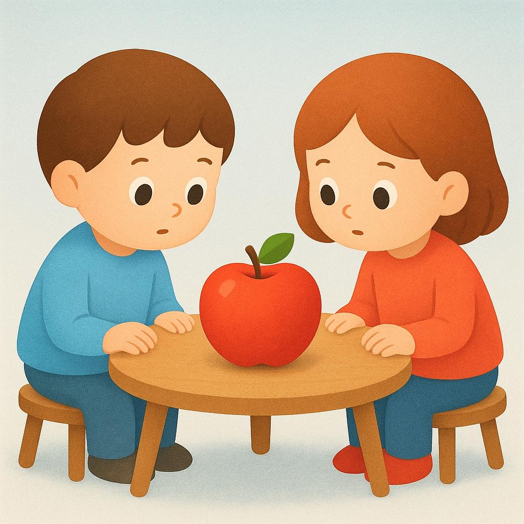 Two simplified cartoon characters sitting at a small table, both looking intently at a single, brightly colored, stylized apple placed in the center of the table, representing the focus of their conversation.