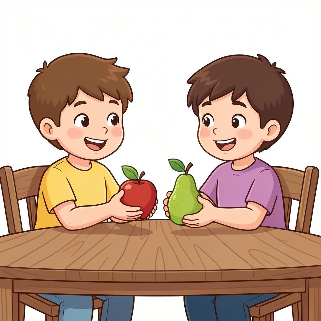 Two children sitting at a table, smiling and exchanging a red apple for a green pear.
