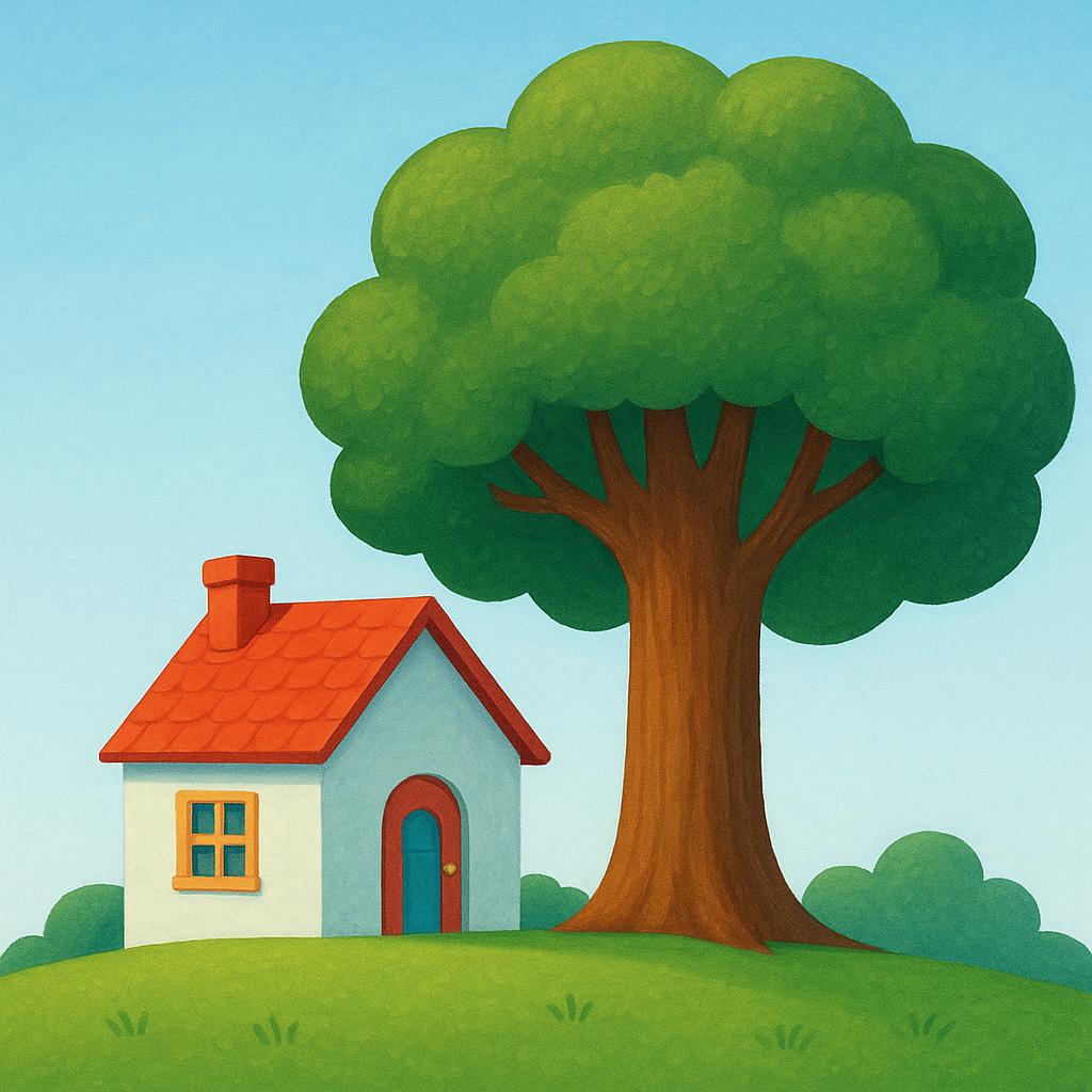 A small, red-roofed house sitting immediately beside a large, green oak tree.