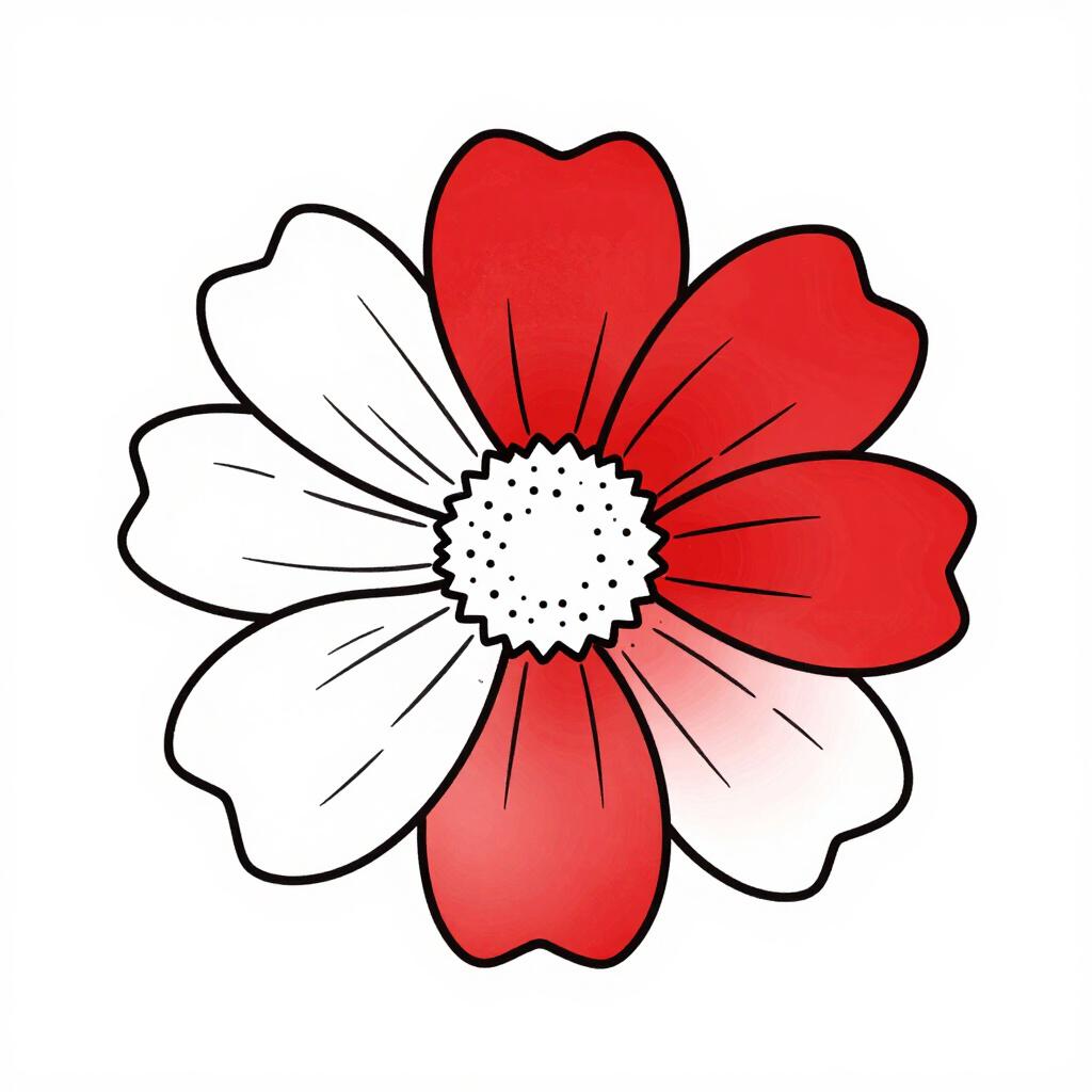 花の一部だけが鮮やかな赤で塗りつぶされている、部分的に色付けされた花の絵。